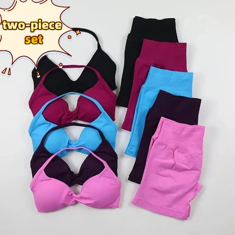 

Yoga 2-piece Set Women's Gym Yoga Fitness Clothes Hip Lift Shorts Neck Strap Bra Dopamine Color Scheme Pilates Gym Clothes 2025