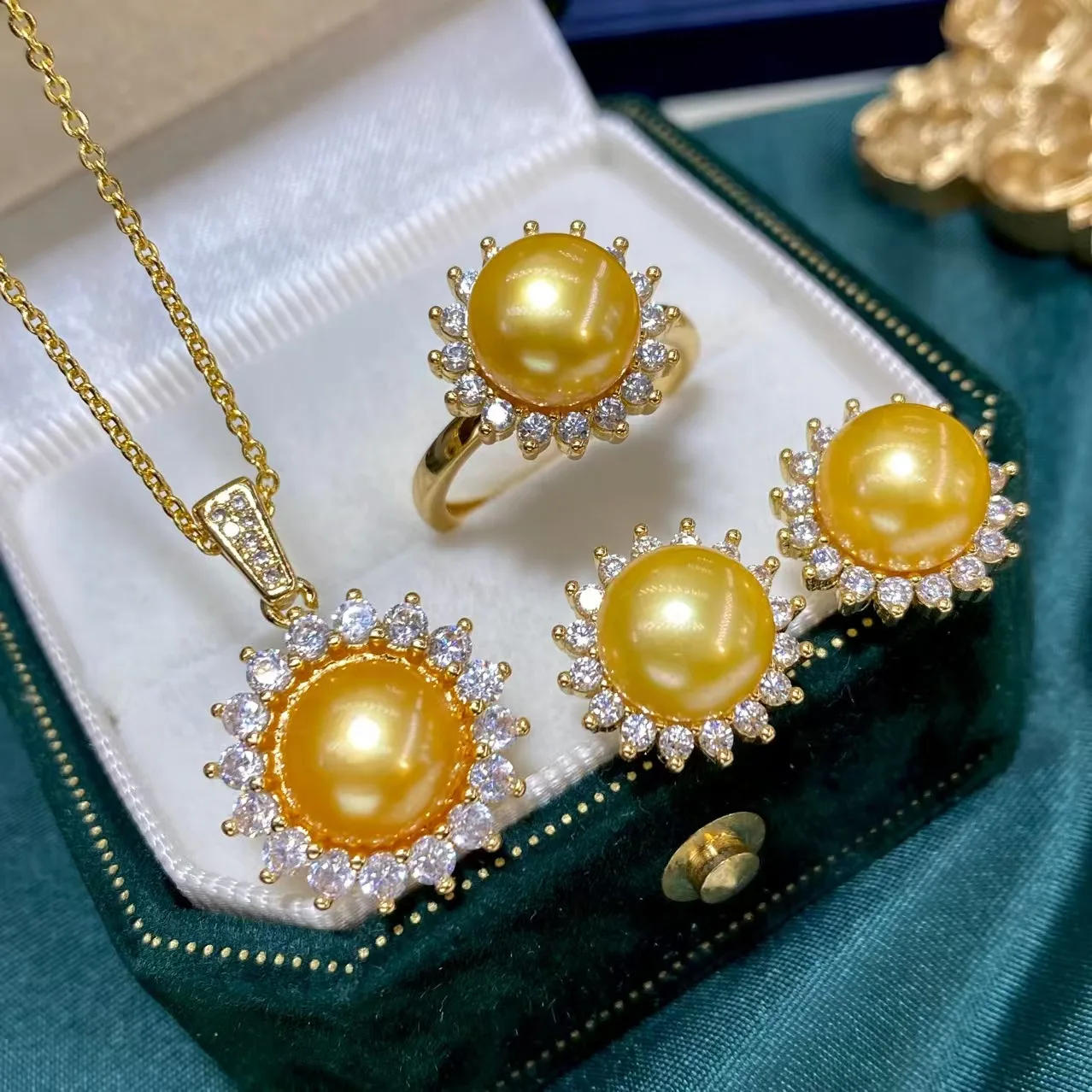 One Set Freshwater Pearl Yellow Pendant Necklace Earring Ring for Woman Fashion view 6