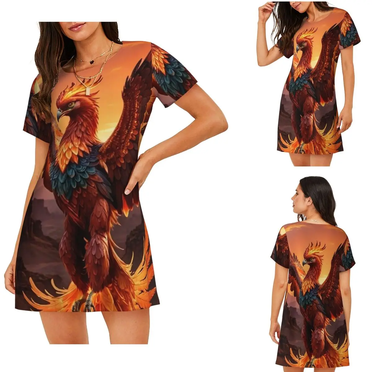Phoenix Mythical Bird With Fiery Wings Short Sleeves Nightdress For Sleepshirts Women Short Sleeve Nightgowns Soft Pajama Dress