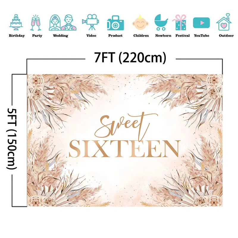 Boho ดอกไม้หวานสิบหกการถ่ายภาพฉากหลัง Happy 16th วันเกิดพื้นหลังโบฮีเมีย Photobooth ตกแต่งภาพสตูดิโอ Props