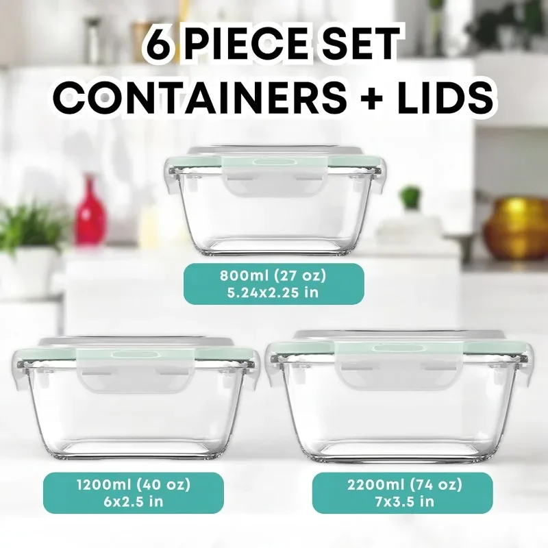 6 PC Square Glass Food Storage Containers with Airtight lids (74, 40 & 27 oz) Kitchen Glass Meal Prep Containers Set for