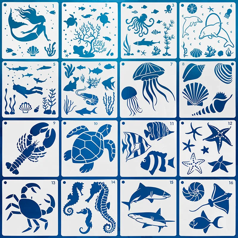 16pcs Sea Ocean Creatures Painting Stencils Reusable Marine Life Animal Painting Stencils for Painting On Wood Wall Templates