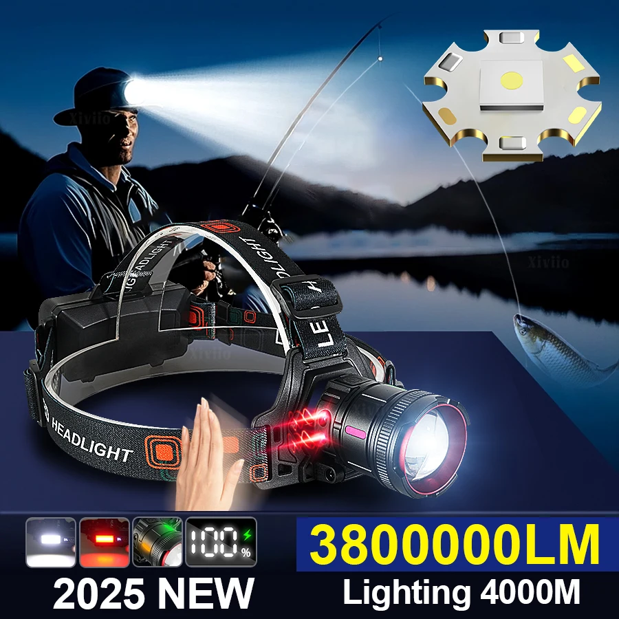 

Most Powerful Headlamp 38000000LM Strong Light Rechargeable Head Flashlight Taillight Work 15H With Induction Fishing Work Light