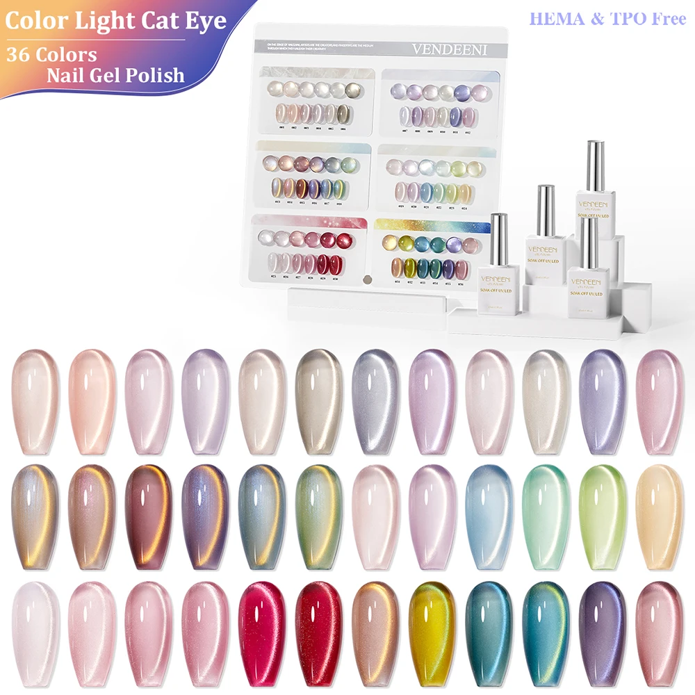 

Vendeeni 36 Colors/set Pink Jelly Cat Eye Gel Nail Polish UV LED Glitter Crystal Magnetic Varnish With Color Card TPO/HEMA FREE