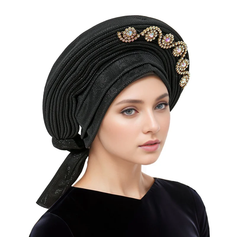 Muslim Hijab Inner Scarf Women Crinkle Undercap New Style Stacking Hat Solid Color Diamond Inlay Leisure Cap