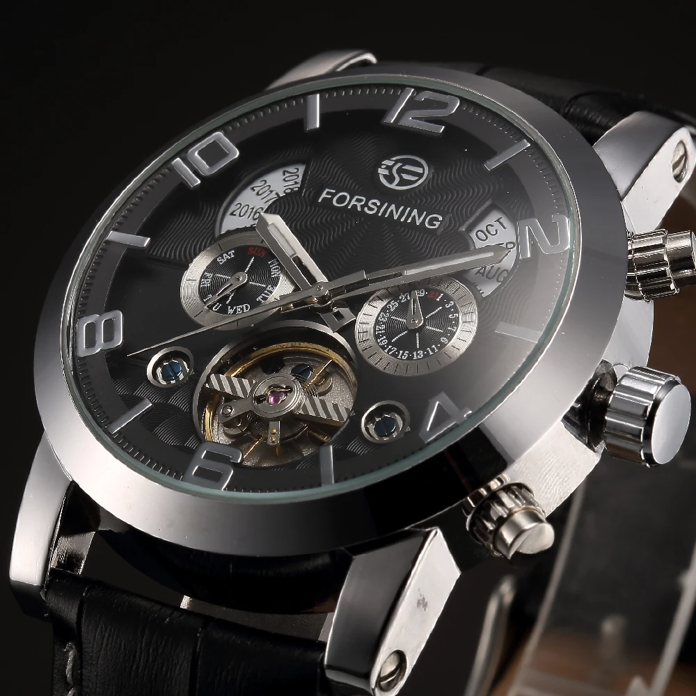 

Мужские часы FORSINING: автоматические, механические, с полным календарем, турбийоном, скелетонизированным циферблатом, светящимися элементами, деловые, кожаные, наручные