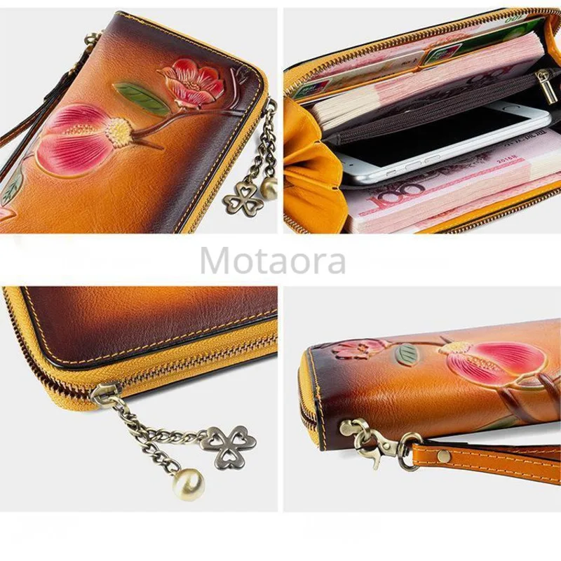 MOTAORA Vintage Genuine Leather Women's Long Wallet | RFID Protected Zipper Purse with Card Holders & Phone Pocket