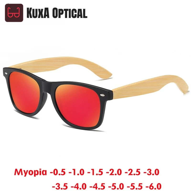 

KUXA PC + деревянные бамбуковые поляризационные солнцезащитные очки для близорукости для мужчин и женщин, классические оптики, винтажные новые очки, очки по рецепту от -0,50 до -10
