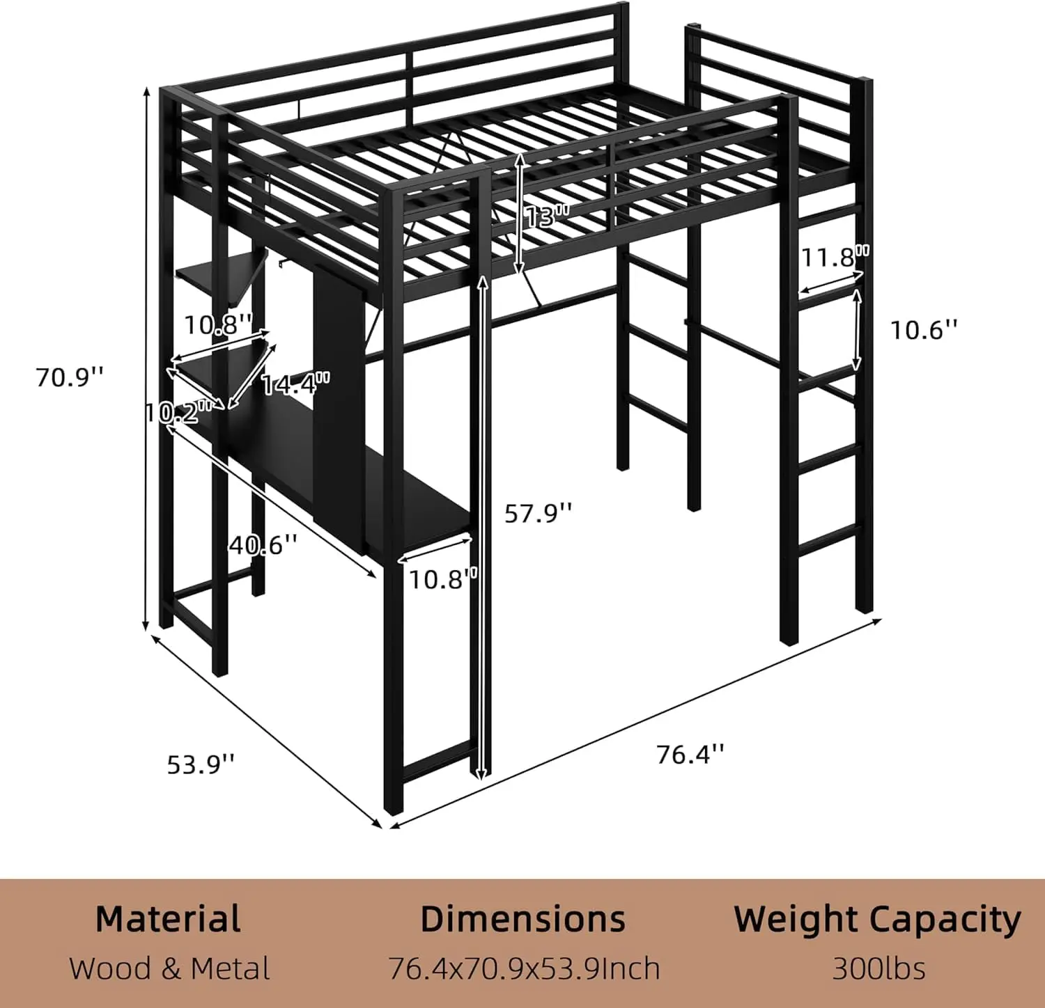 Full Size Loft Bed With Desk, 13