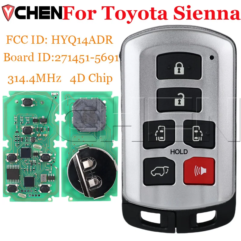 Smart Remote Car Key 6 Buttons For Toyota Sienna 2011-2020 271451-5691 FCC ID HYQ14ADR 314.3MHz ID 4D Chip Keyless Entry Fob