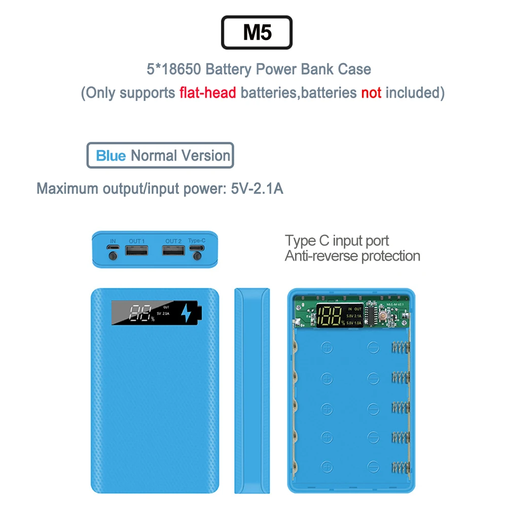 DIY Shell Detachable Power Bank Case 5*18650 Battery Holder Box With LED Flashlight USB USB C Without Battery