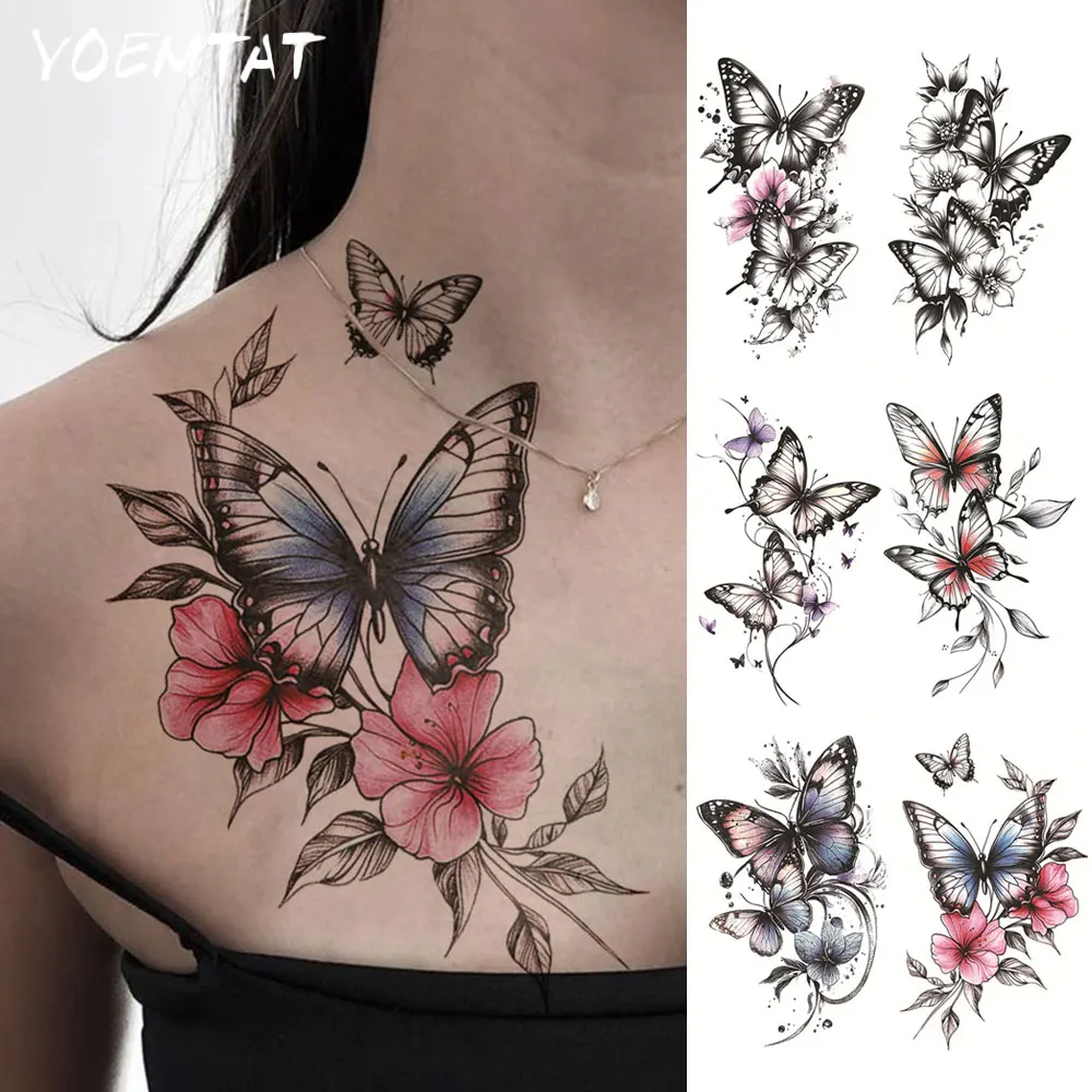 

Waterproof Temporary Tattoo Sticker Colorful Butterfly Flowers Leaf Beautiful Pattern Body Art Arm Fake Tattoos Sleeve Women Men