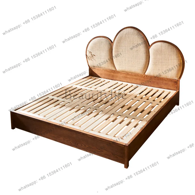 Wabi-sabi wind rattan solid wood bed retro home bedroom creative 1.8 meters double bed