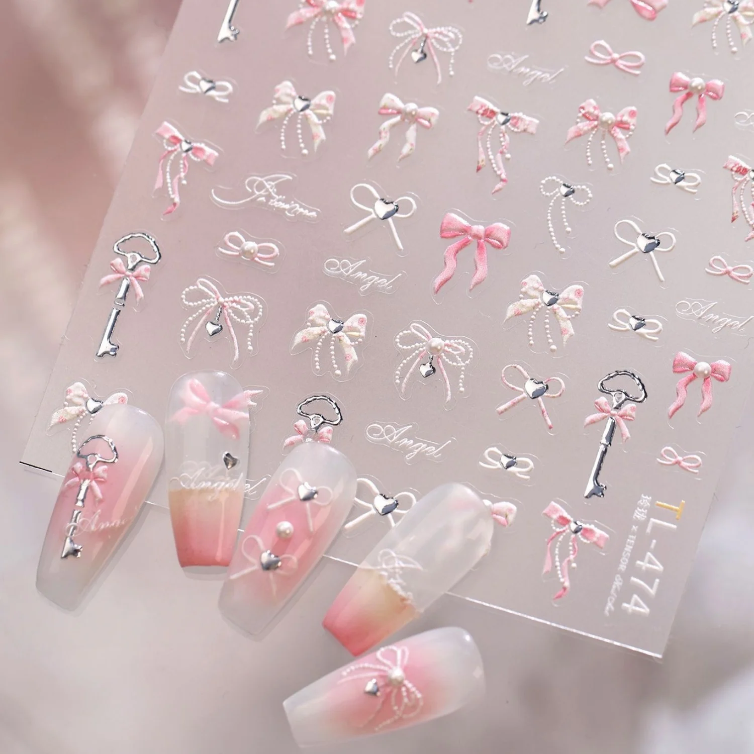 

Pink White Gradient 5D Nail Stickers Bow Streamer Retro Key Angel Tiny Rhinestone Bow Self Adhesive Decals Romantic Elegant DIY