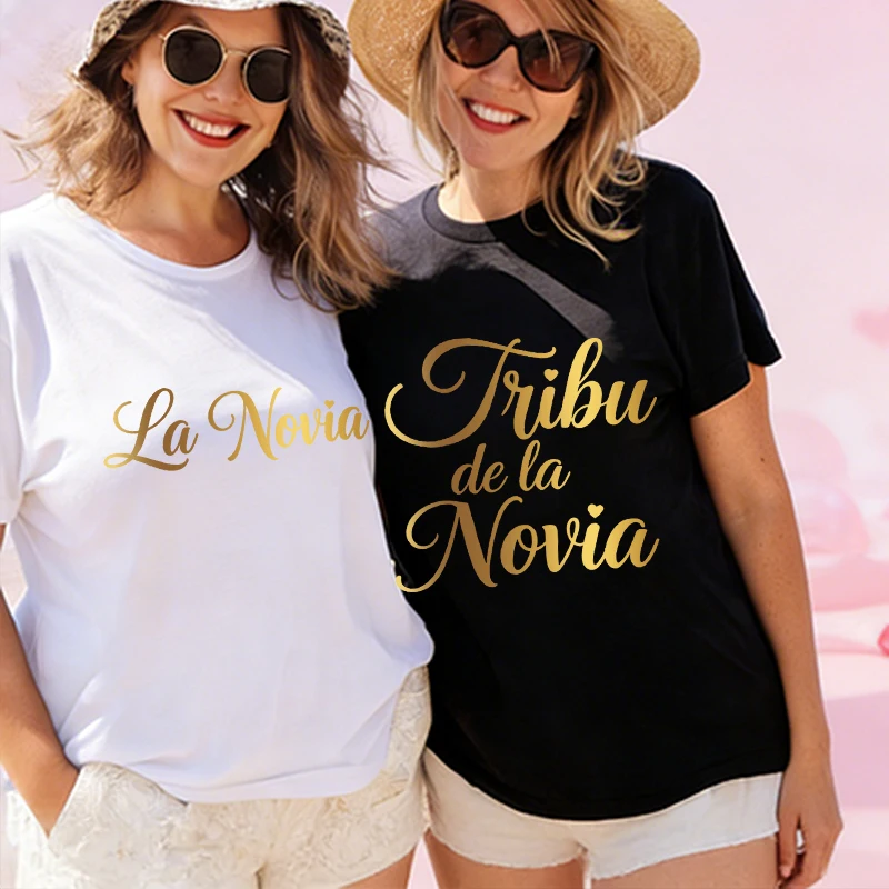 Spanish Girl Bachelorette Tees Team Bride Tribe Squad Gold Foil O Neck Tops Bridal Shower Party with Heart Print Short Sleeve