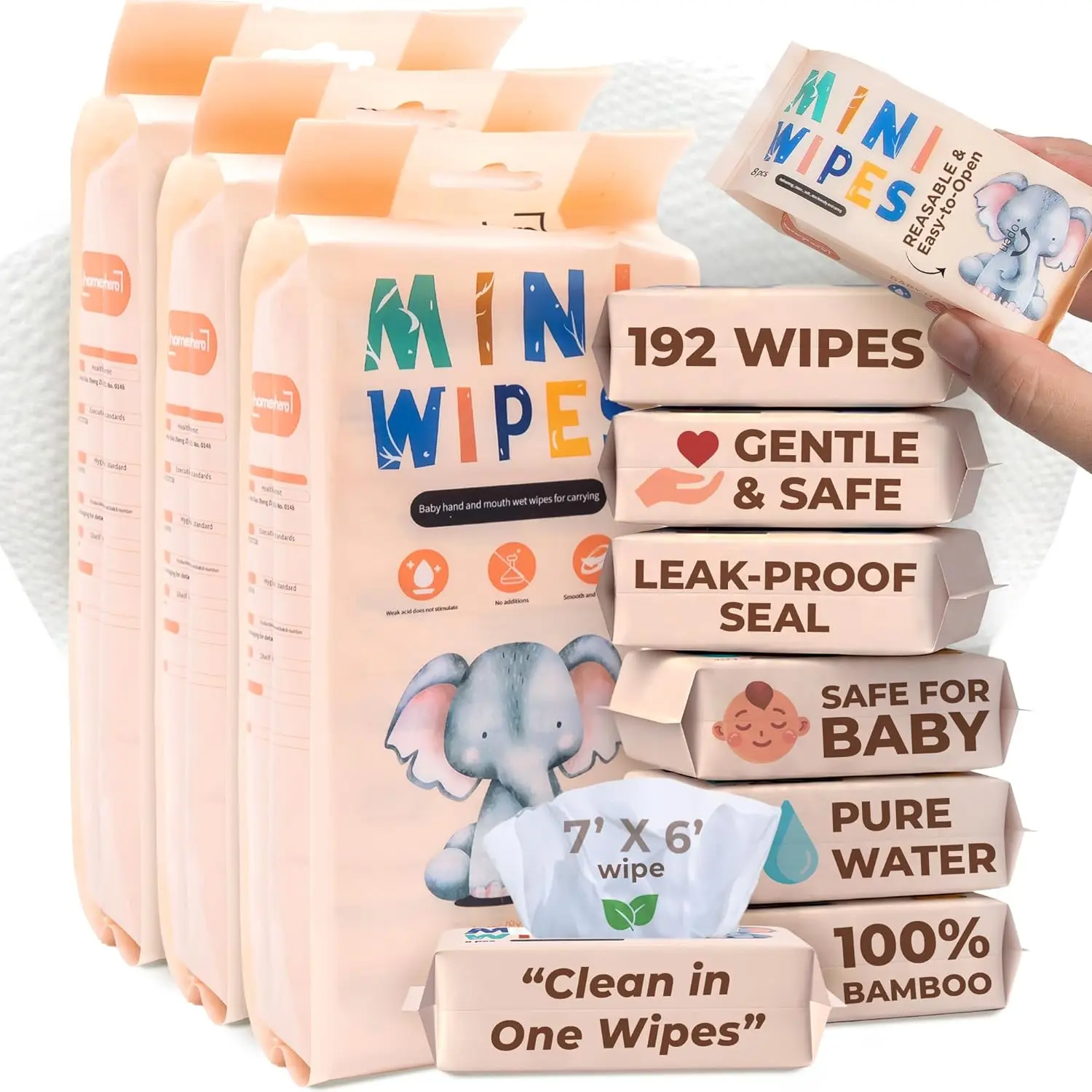 24 Pack Travel Baby Wipes, 192 Moist Wipes, Leak-Proof, Fragrance-Free, Hypoallergenic, 100% Bamboo, Alcohol-Free, Biodegradable, Safe for Sensitive Skin