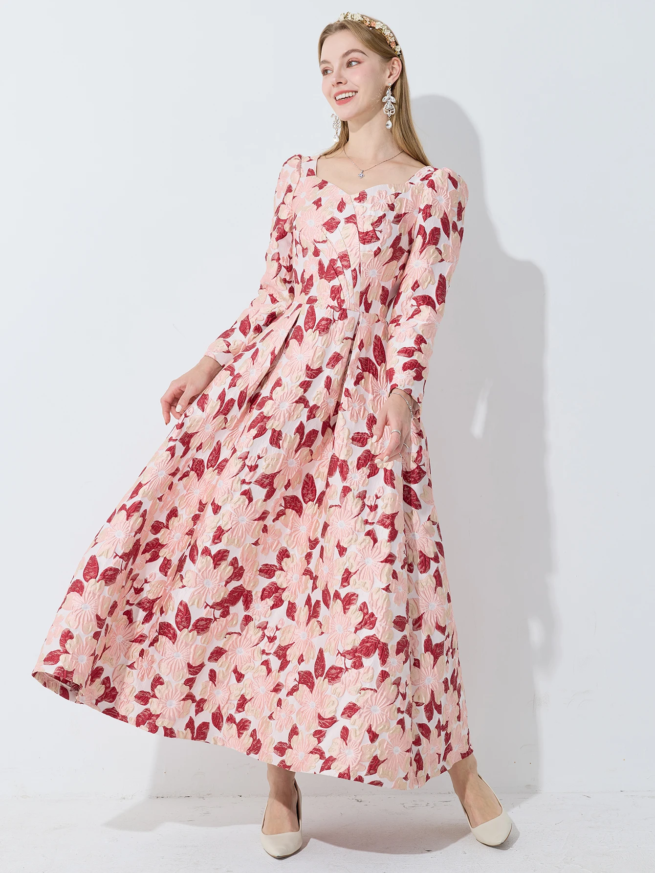 DEVCHATA 우아한 여성용 긴 소매 맥시 원피스 보호 꽃 자카드, 파티 캐주얼 의류, 볼 가운, 패션