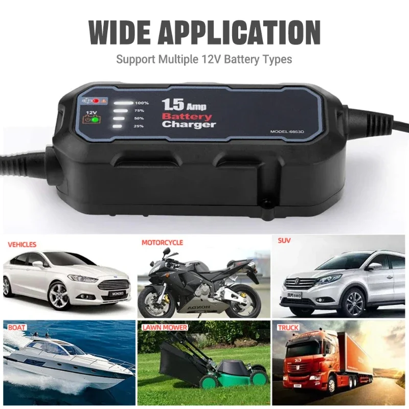 Automatic 12V 1500mA Battery Trickle Charger - Smart Maintainer with LED Display for Motorcycle Car RV ATV and Marine Batteries
