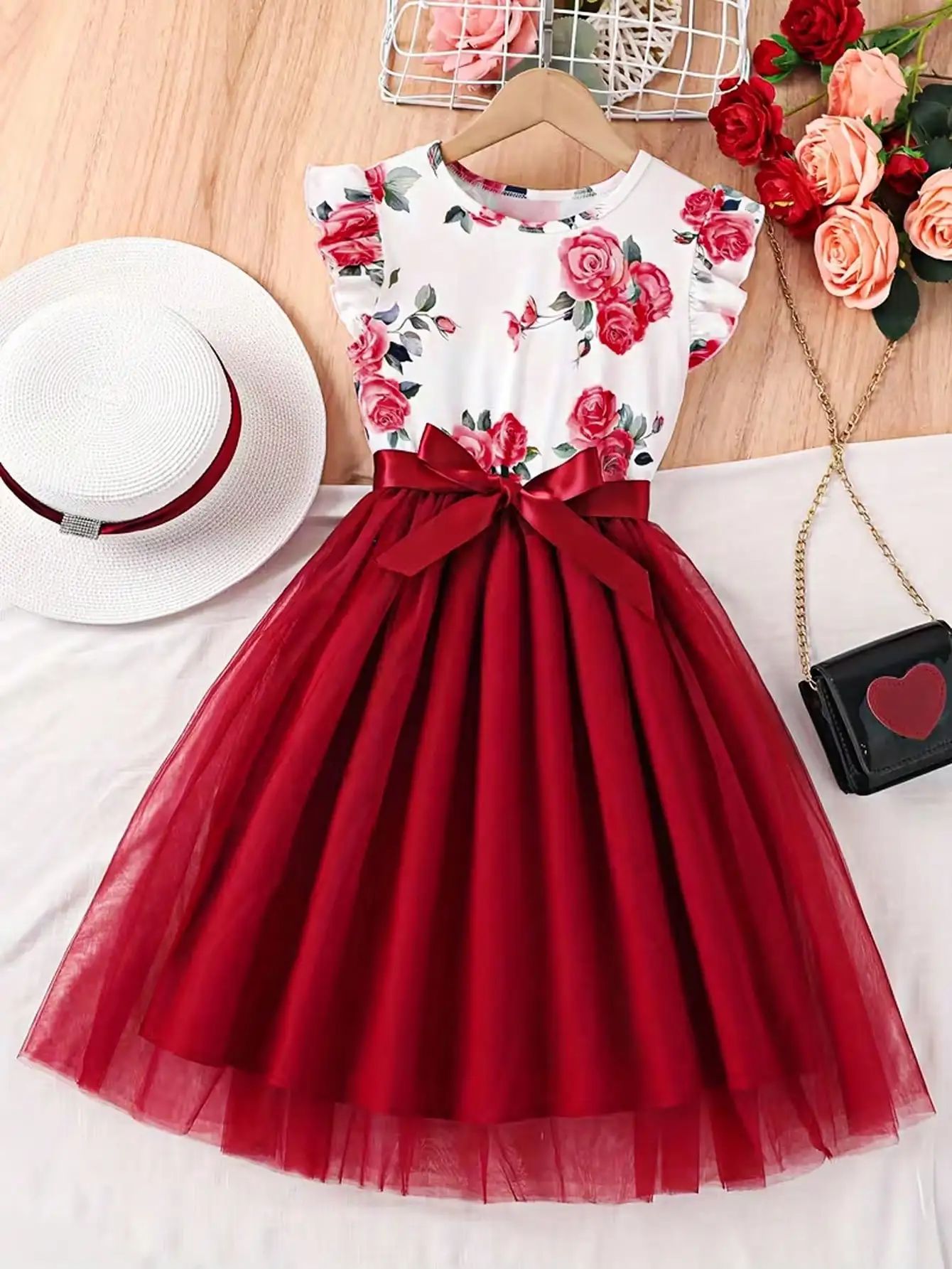 202 casual spring and autumn girls' children's clothing with small flying sleeves and floral print round neck cute fluffy dress