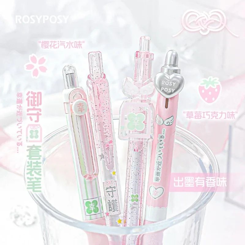 4-teiliges Glücksbringer-Gelstift-Set im süßen japanischen Stil, 0,5 mm Kugelschreiber mit schwarzer Tinte zum Schreiben, für Schüler, zum Schulanfang, als Geschenk für Kinder, A3142