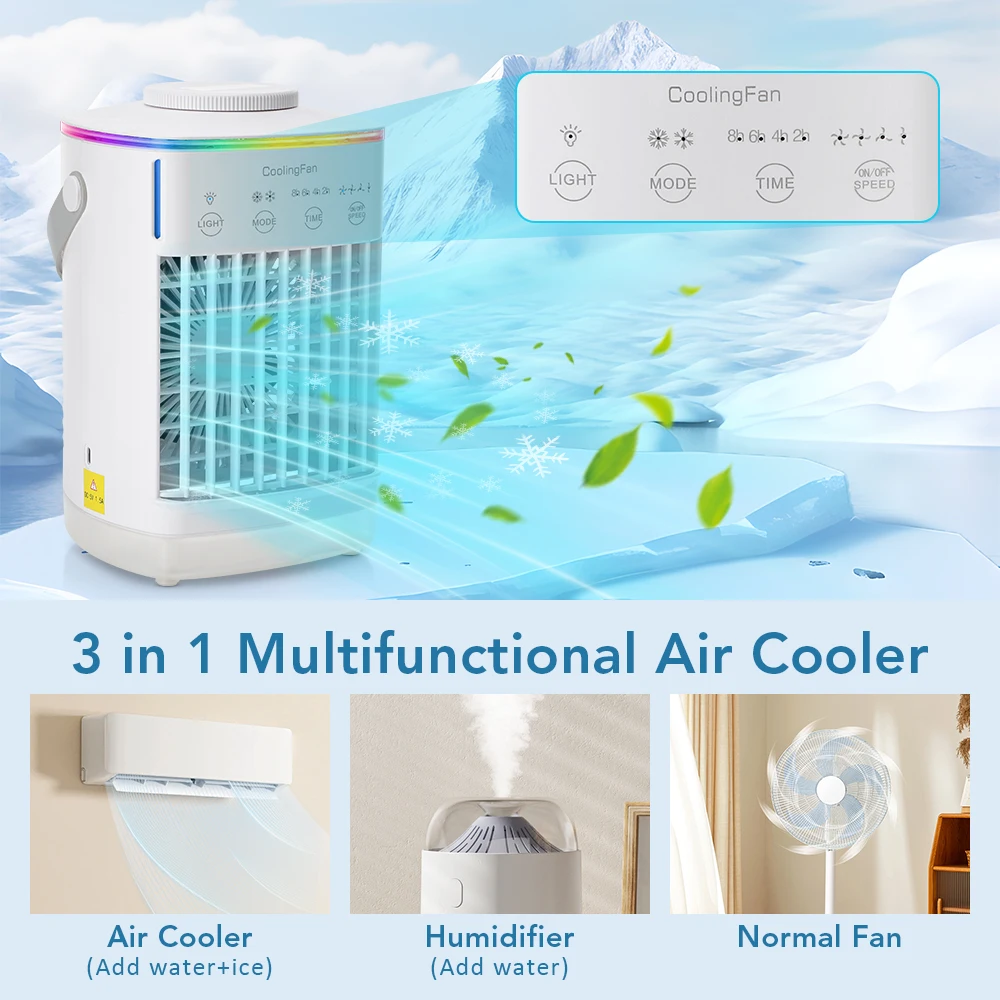 Portable Air Conditioner with Colorful Atmosphere Light Water Cooling Fan USB Table Fan 700ml Water Tank Desktop Fan Humidifier