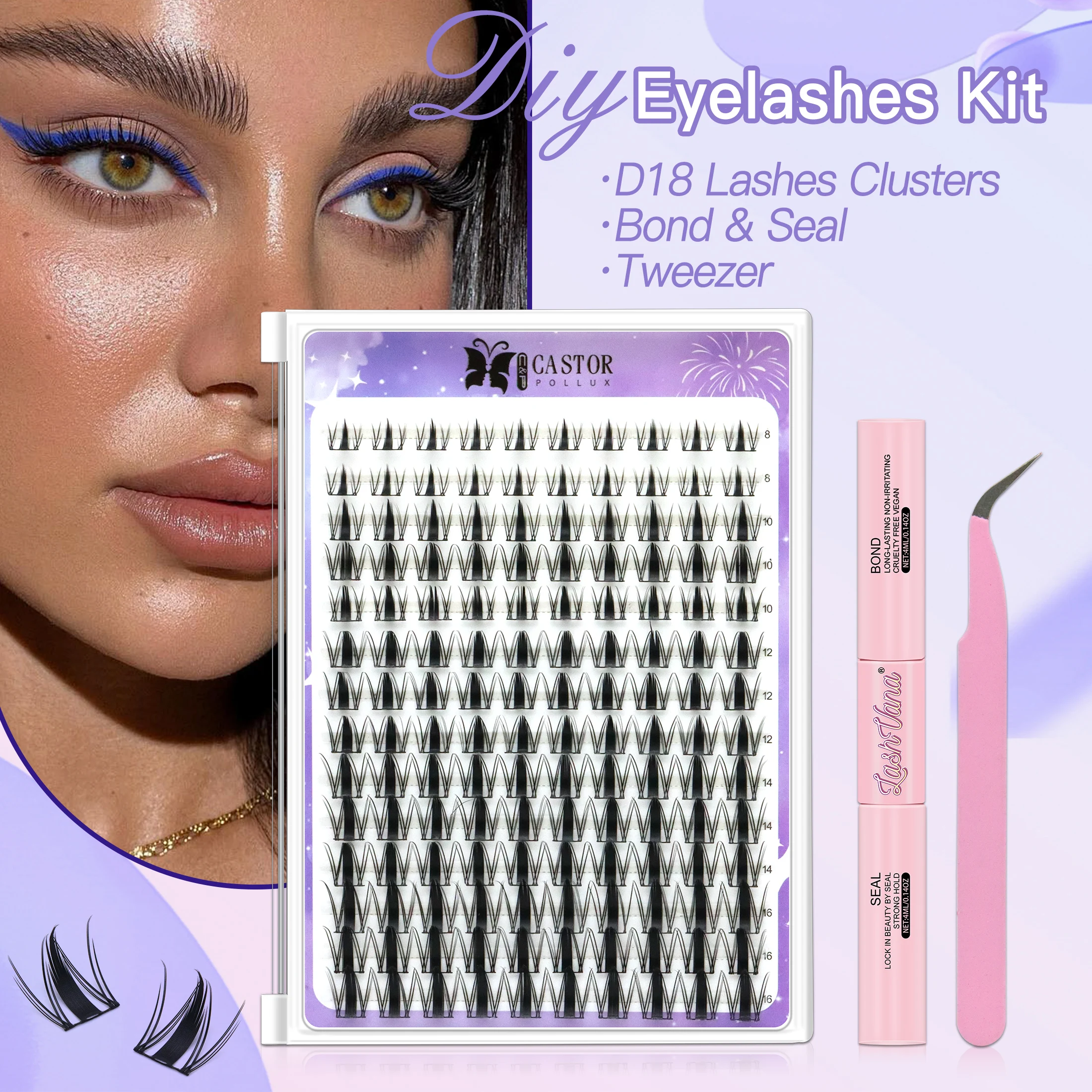 مجموعة ملحقات رموش ذاتية الصنع D18 مجموعات رموش فردية مجموعة رموش اصطناعية مع غراء وملاقط مثالية لأدوات المكياج التنكرية cosplay