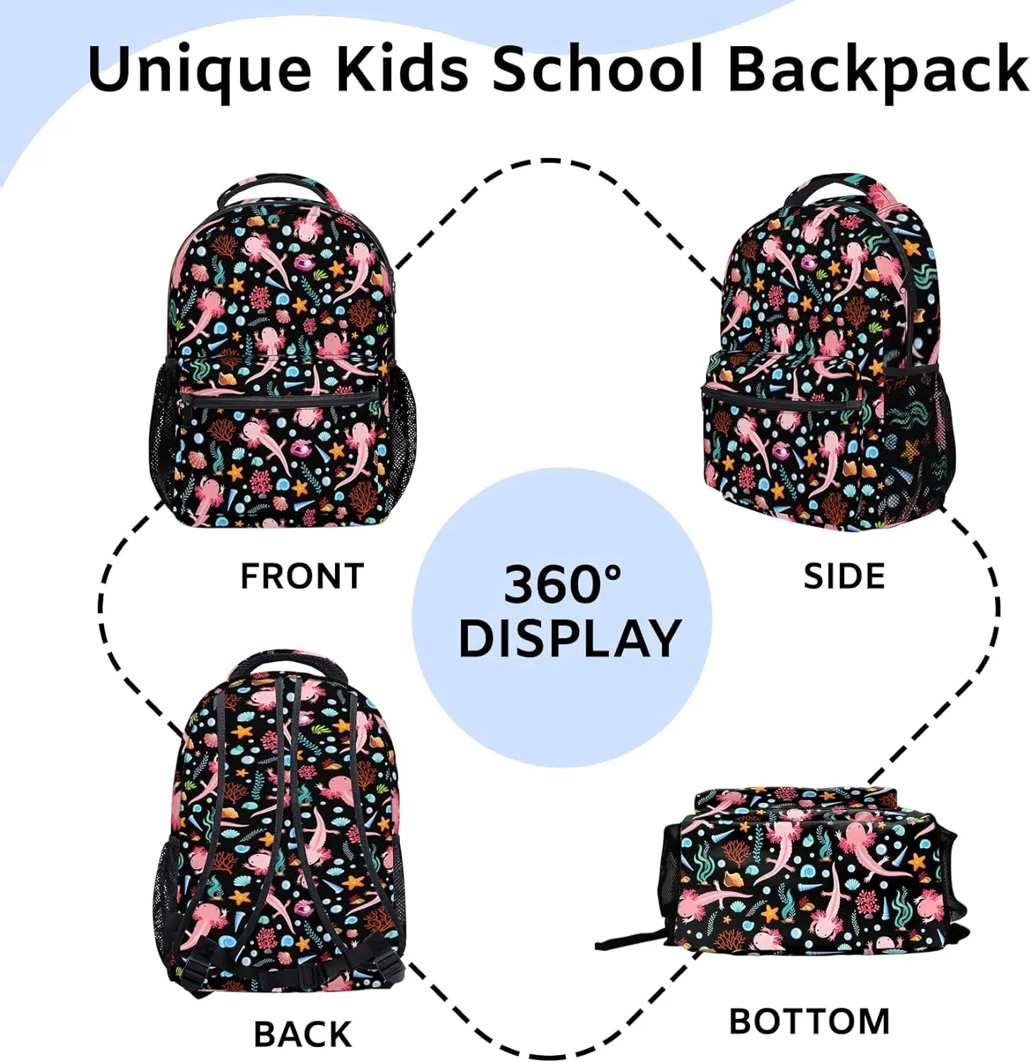 Black Axolotl Print Kids Backpacks for Girls Boys Middle-School Elementary Bookbags 17 Inch Waterproof Lightweight Schoolbag