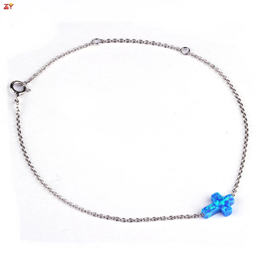 

925 Silver Chain 6.3 Inches Cross Stone Jewelry Synthetic Opal Bracelet