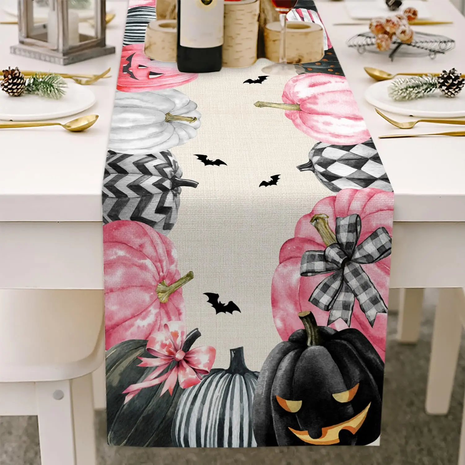 Halloween Spooky Linen Table Runner Black Bat Horror Pumpkin Pink Halloween Table Runner Home Party Kitchen Dining Table Decor