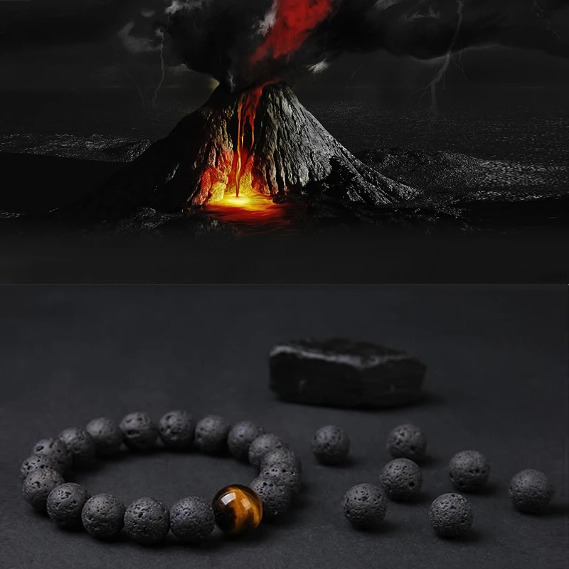 Retro Volcano Stone Round Black Bracelet Homme Natural Lava Stone Beads Luxury Gold Color Jewelry for Women Oil Diffuser Bangle