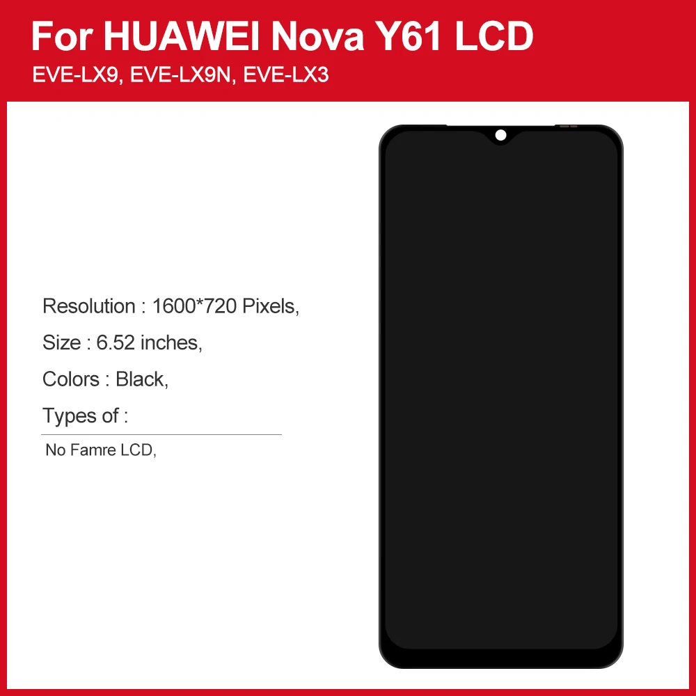 High qulity For Huawei Nova Y61 LCD EVE-LX9 LX9N Display Frame Touch Panel Digitizer For Huawei Nova Y61 Screen EVE-LX3 LCD