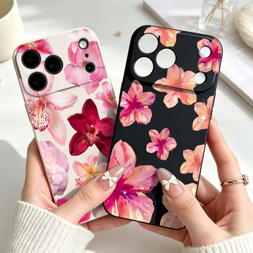 Art Pink Hibiscus Flower Cover For Apple iPhone 17 Air 16 15 14 13 12 Pro Max Mini Plus Soft Silicone Liquid Phone Case
