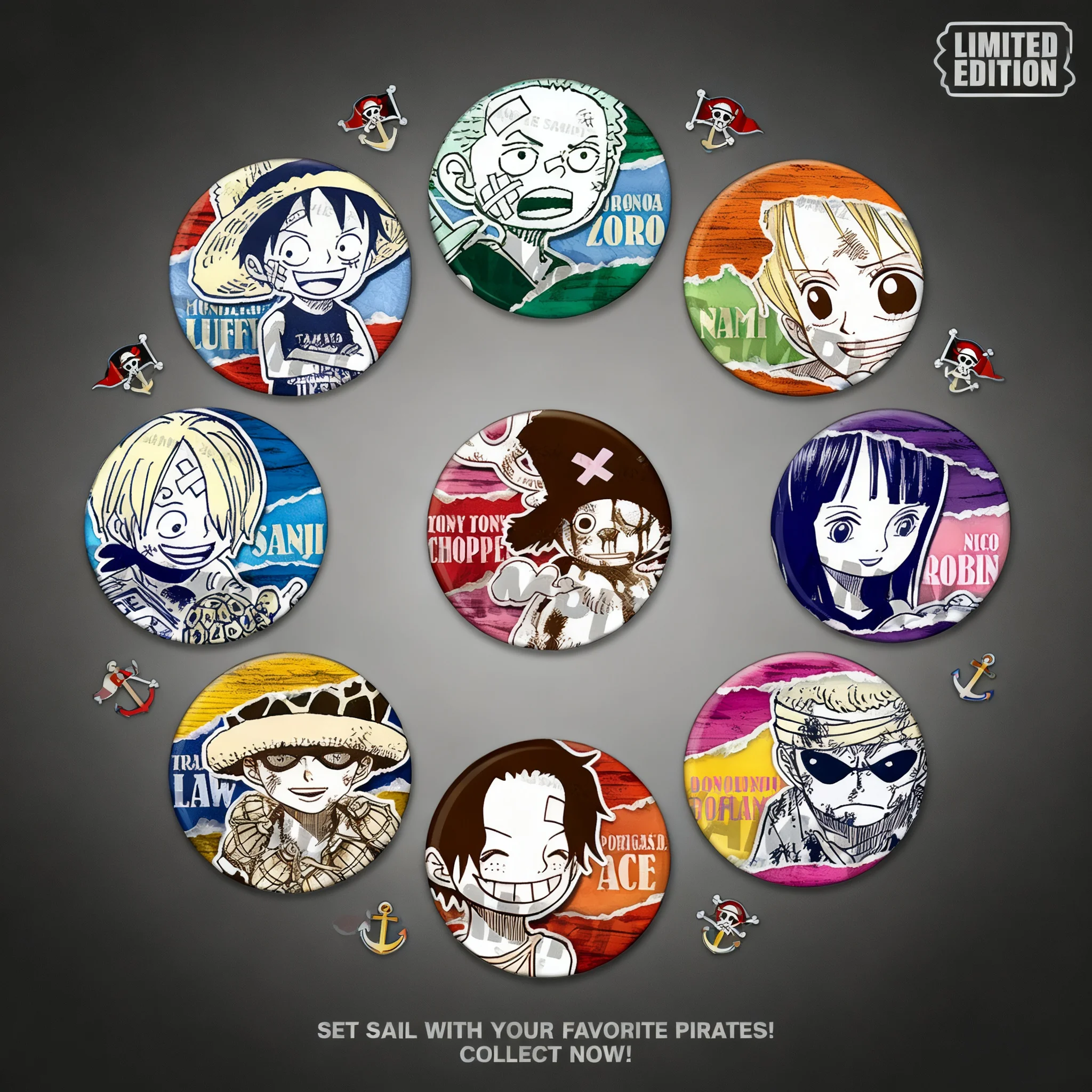 

One Piece Anime Badge Pin Luffy Ace Law Childhood Brooch Pendant Shiny Film Medal Merchandise Otaku Collection Accessories for