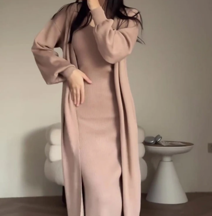 Fashion Autumn Two-Piece Set Solid Color Lazy Style Slim Fitting Knitted Sweater Over The Knee Long Skirt Set for Women