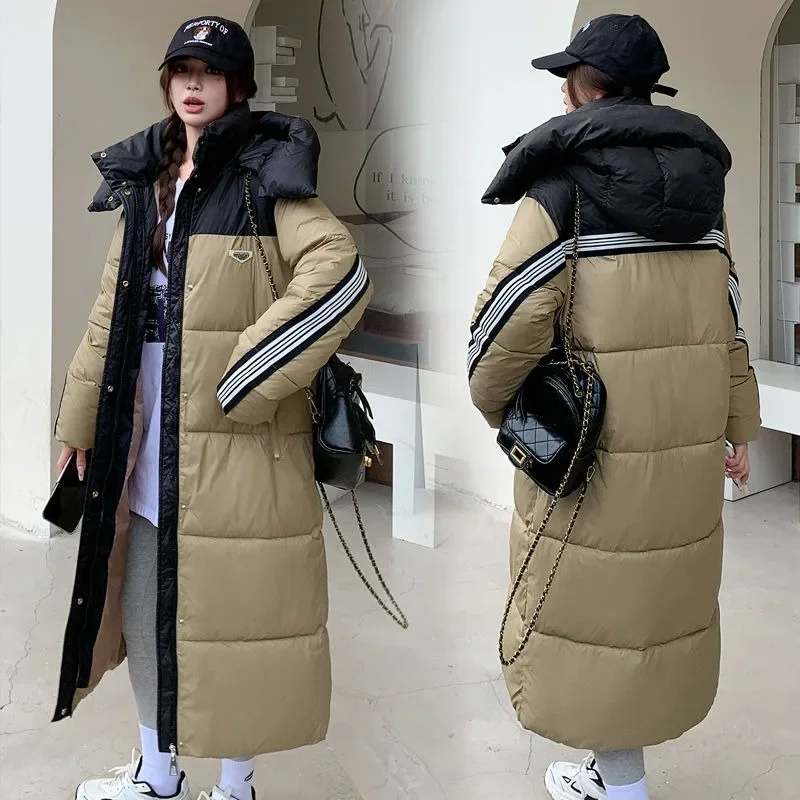 2024 New Women Down Cotton Coat Winter Jacket Female Long Below The Knee Parkas Thicken Warm Hooded Outwear Loose Casual Outcoat