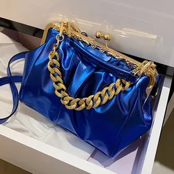 Brand Women Chain Shoulder Bags Kiss Lock Shell Clip Lady Silver Blue Green  Pu Leather Handbags And Purse Ruched Crossbody Bags