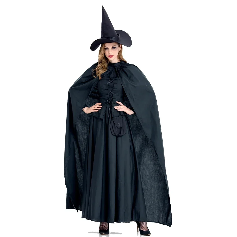 ハロウィン魔女ゴシックコスチュームロングローブドレスブラックコスプレヴィンテージマントファンシー衣装