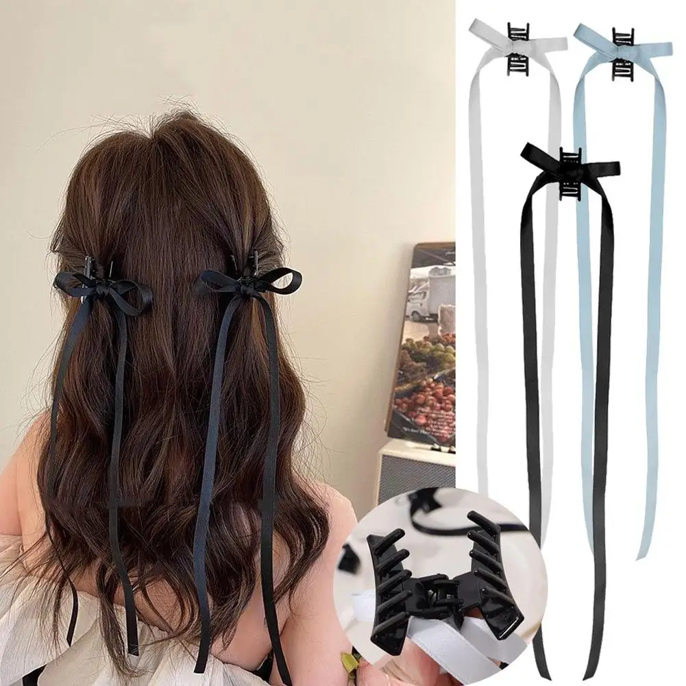 2pcs Ins Style Y2K Ponytail Hair Clip Ribbon Bow Shark Clip Hair Bows Women Korean Long Tassel Ribbon Hairpin Hair Accessories