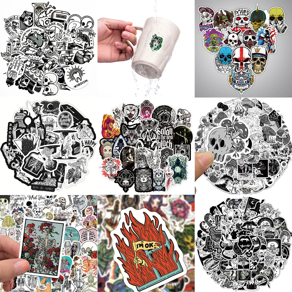 10/30/50PCS Popular Black White Stickers Series Creative Skeleton Graffiti Refrigerator Cup Helmet Notebook Decoration Wholesale