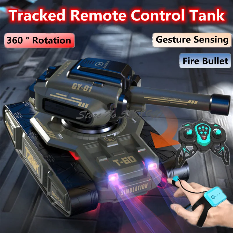 360 ° Rotation Tracked Remote Control Combat Tank 2.4G Gesture Sensing One Key Demo Simulated Sound Electric Off-Road Tank Car