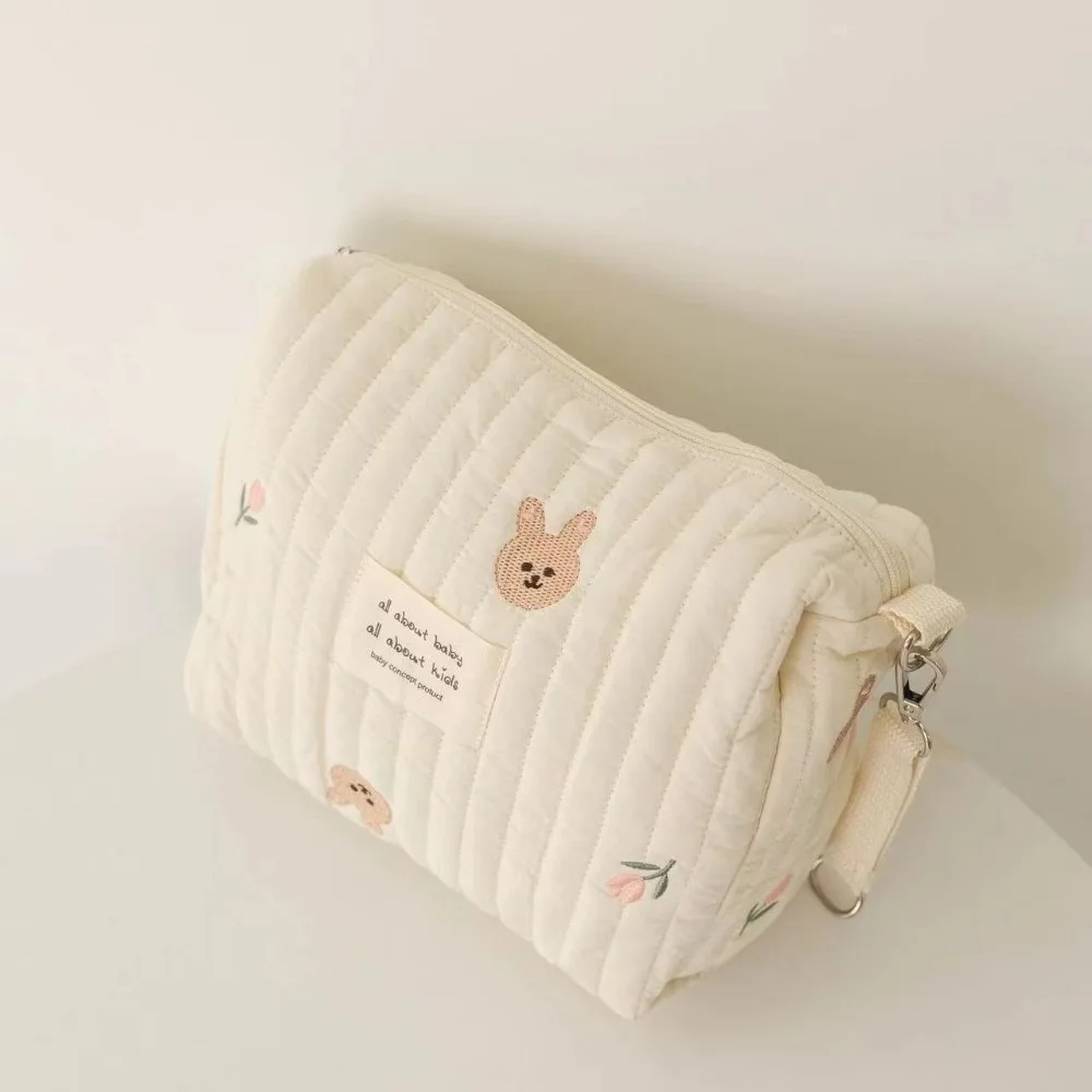 Bolsa de pañales de algodón con cremallera Ins, bolsa colgante con estampado bonito bordado para cochecito, organizador de pañales para bebé recién nacido