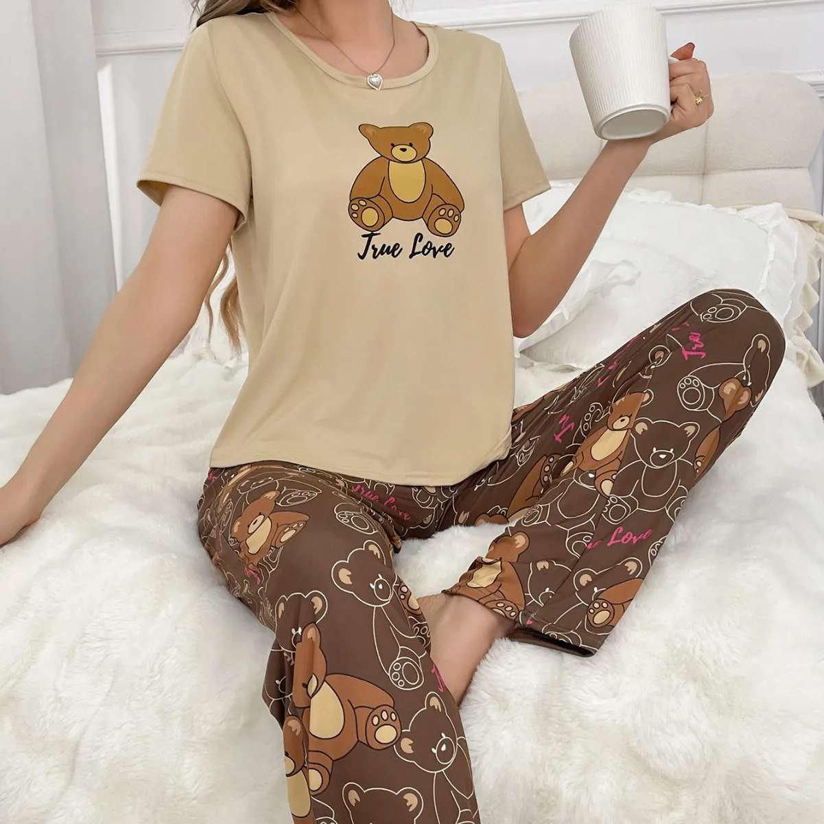 

Summer New Women's Sleepwear Bear Cartoon Print Short Sleeve Long Home Clothes Breathable Comfortable Milk Silk Nightgown