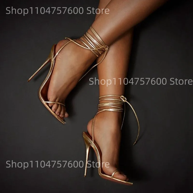 

Women's Gold Strappy Stiletto Heel Sandals Wrap Around Tie Detail Elegant Sandal Events Parties Luxury Design Ladies Shoes