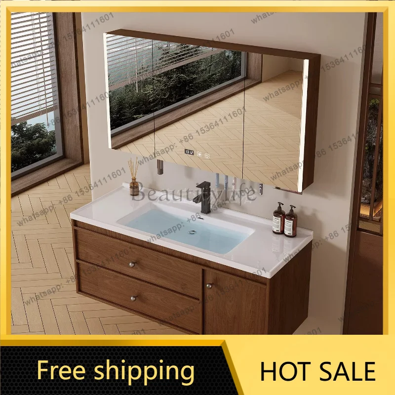 YJ Mid-Century Style Bathroom Vanity with Walnut Wood Cabinet Ceramic Integrated Sink Combo with LED Smart Mirror for Home