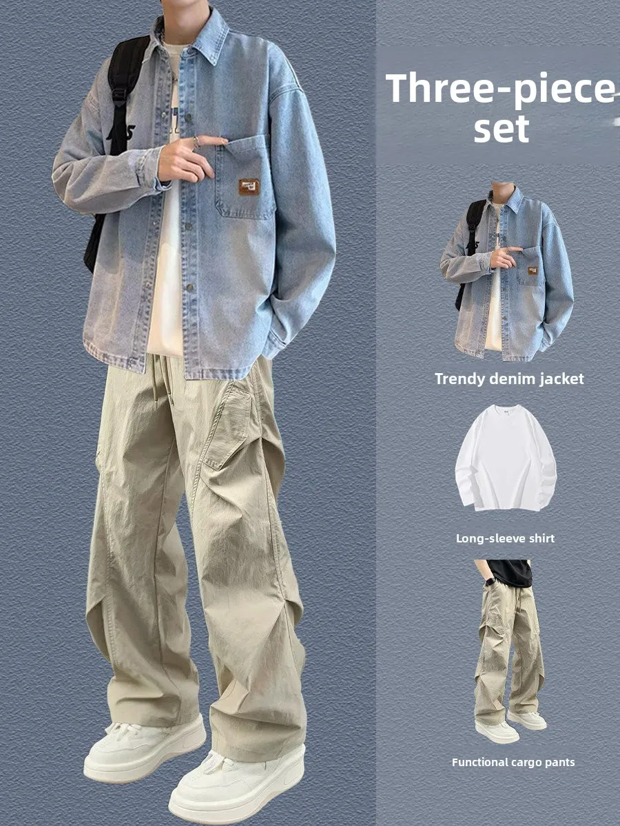 Spring Autumn New Style Men's Casual Denim Shirt Cool Teenager Leisure Jacket Set Long Sleeve Long Pants Fashionable Outfit view 3