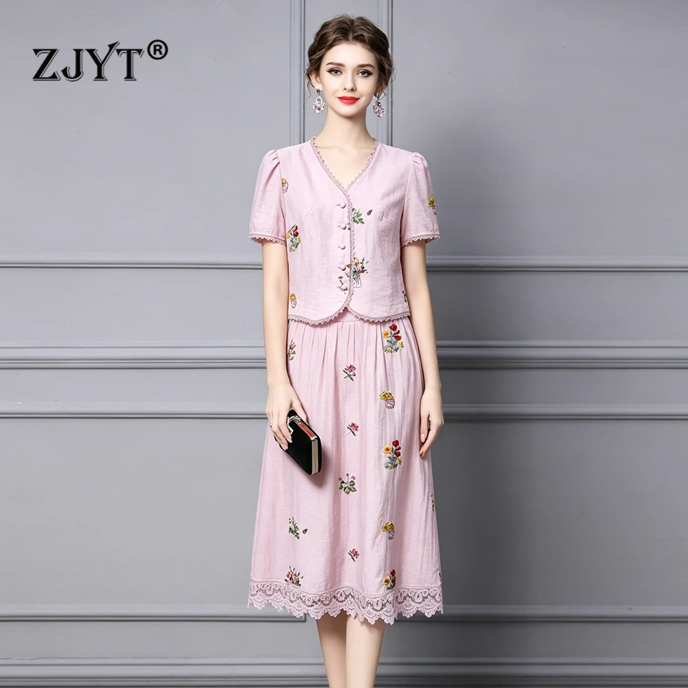 

ZJYT Summer Short Sleeve Dress Sets 2Piece Women Embroidery Top and Skirt Suit Linen Holiday Casual Pink Outfit 2026 Fashion