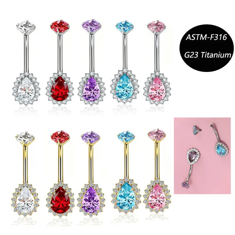 10Pcs 1.6X10Mm G23 Teardrop Belly Button Ring Body Jewelry Clear Blue Pinkcz For Daily Casual Urban Wear
