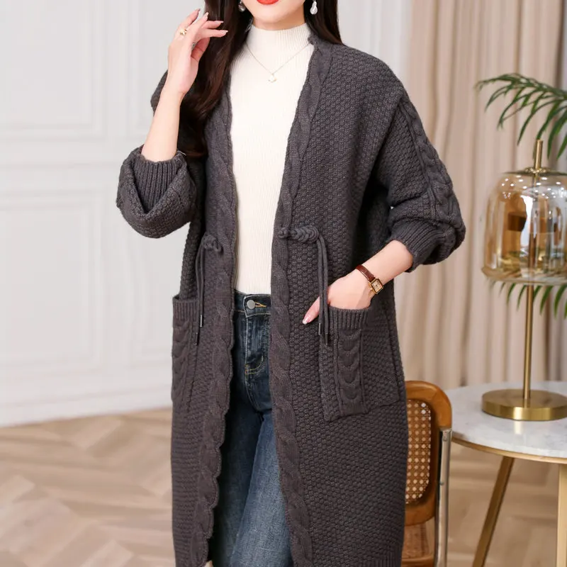 Oriental Style Women Chunky Knitted Cardigan Coat Sculptured KnitwearLow Button Sweaters Beige Camel Gray Bulky Cosy Knitwear