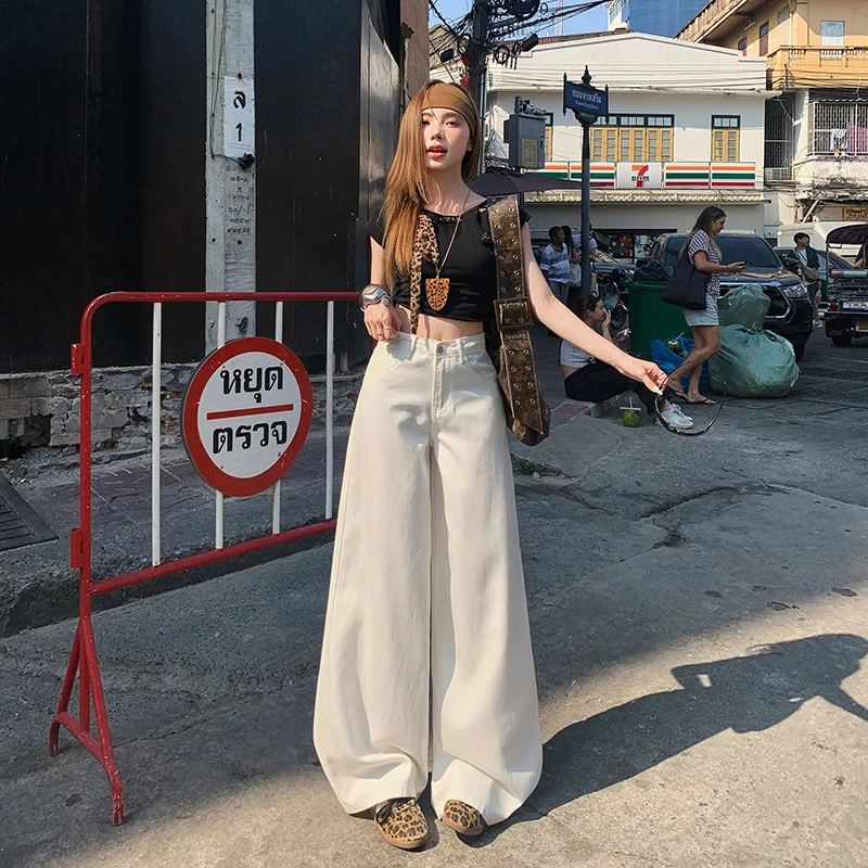 

Новые женские белые джинсы с широкими штанинами на высокой талии из лиоцелла, триплексная ткань, свободные драпирующиеся джинсовые брюки, коллекция Весна-Лето 2026