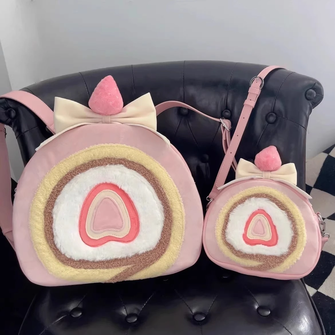 JIAERDI Soft Plush Strawberry Cake Roll Crossbody Bag Women Sweet Kawaii Pink Lolita Bag Girl Large Capacity Bow Backpack Female